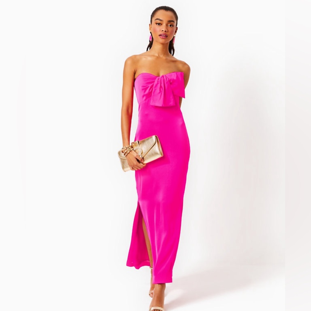 Lilly Pulitzer Pink Carlynn Satin Maxi Bow Dress Size 4 NWT